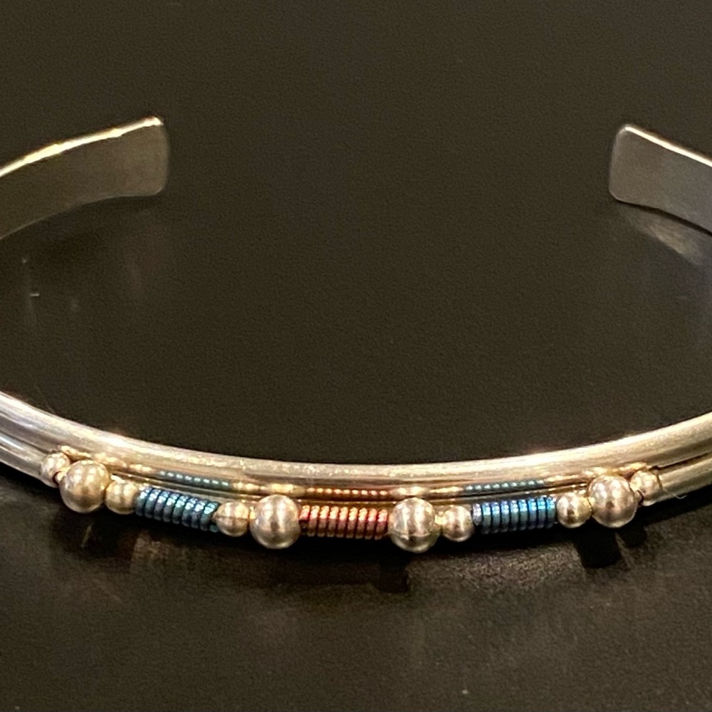 Elegant Sterling Silver Cuff Bracelet with Blue and Copper Accents 8.36gr